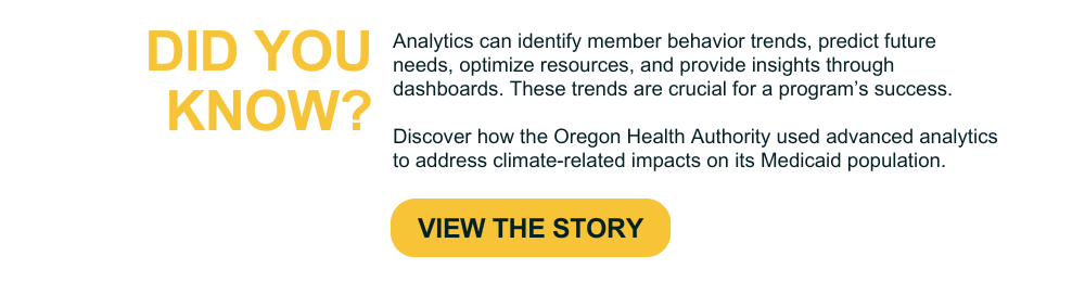 Did You Know? Analytics can identify member behavior trends, predict future needs, optimize resources, and provide insights through dashboards. These trends are crucial for a program’s success. Discover how the Oregon Health Authority used advanced analytics to address climate-related impacts on its Medicaid population. Click to View the Story.