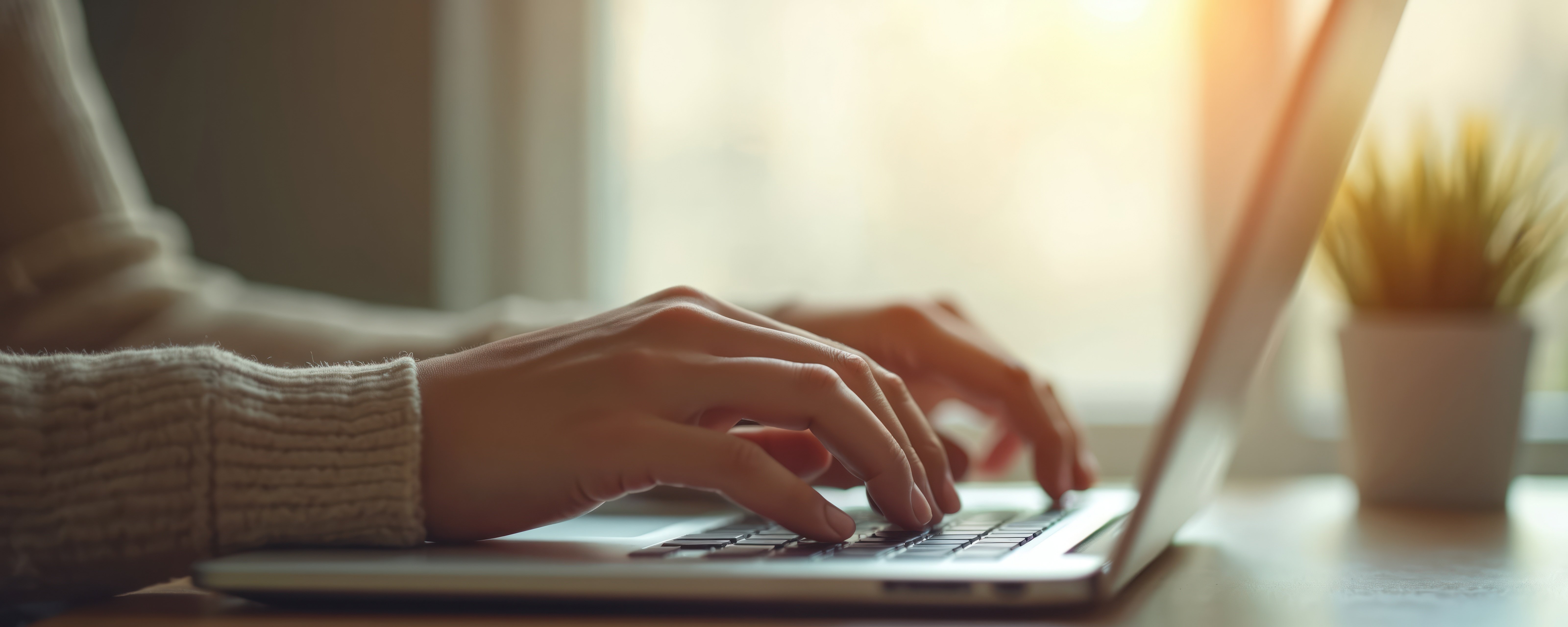 Hands Typing on Laptop Keyboard, Illuminated Screen, Dim Room, Natural Light. Person Works Remotely, Studies, Researches Late, Night, Home, Office. Technology, Modern Work, Input, Communication