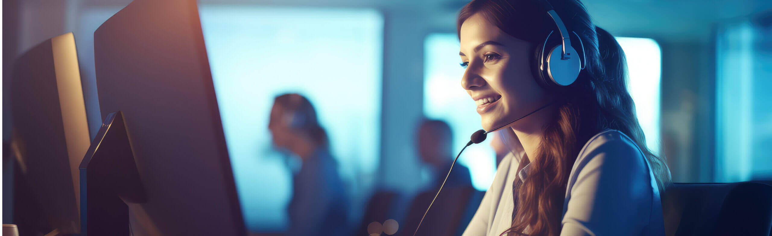call center women smiled working and providing service with courtesy and attention front of laptop with lens flare and bokeh in office with soft dark tone,