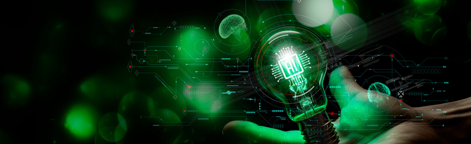 Artificial intelligence of futuristic Innovative technology concept. Businessman hand holding light bulbs thinking ideas with AI brain genius analysis business in green light black background.